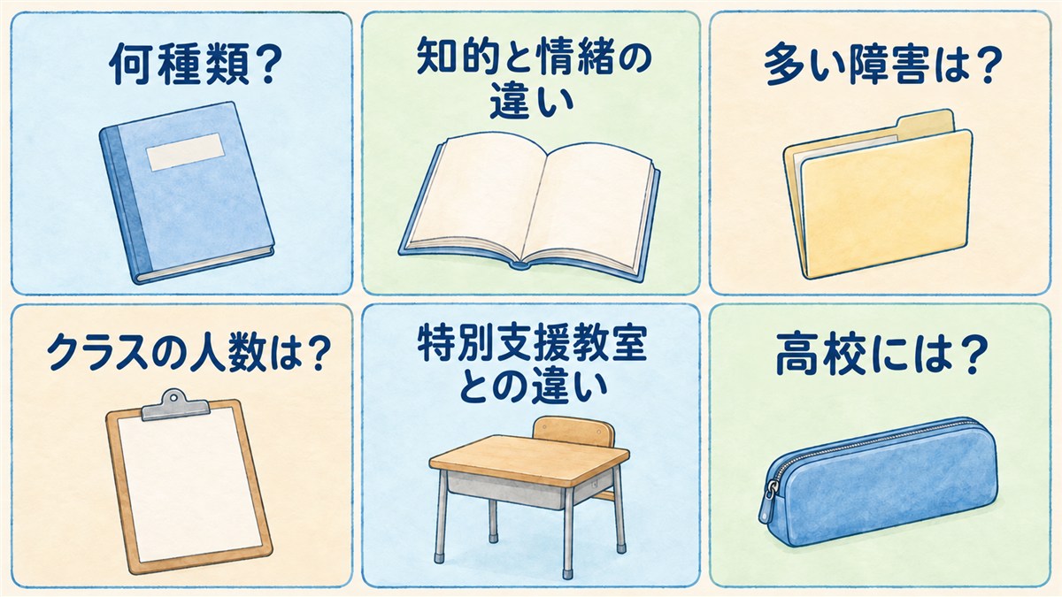 種類、知的と情緒の違い、多い障害、クラスの人数、特別支援教室との違い、高校について六つの質問を並べた図解