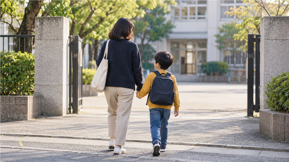 やわらかな朝の光の中、校門の手前の歩道を並んで歩く私服の日本人の保護者と小学生の子どもの後ろ姿