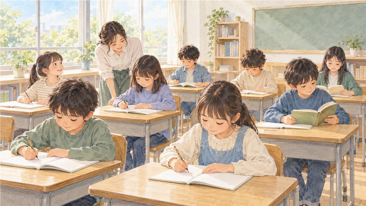 明るい小さな教室で、私服の子どもたちがそれぞれ学び、先生がそばで見守っているイラスト