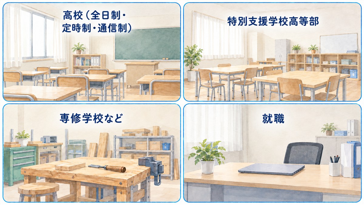 高校・特別支援学校高等部・専修学校など・就職を、同じ淡い色調の異なる屋内場面で並列に示した図解