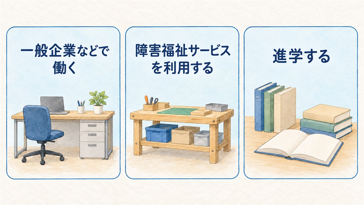 一般企業などで働く、障害福祉サービスを利用する、進学するを、デスク・作業台・本の同じ大きさのカードで示した図解
