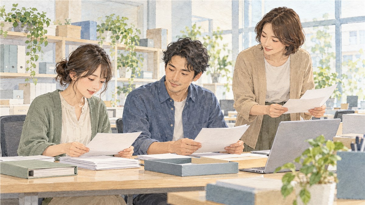 明るい職場で若い大人と同僚が並んで作業し、そばの上司や支援員が穏やかに声をかけているイラスト