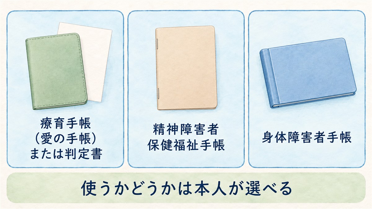 淡い緑・ベージュ・青で色と形を描き分けた無地の手帳と判定書で、確認書類と本人が選べることを示した図解