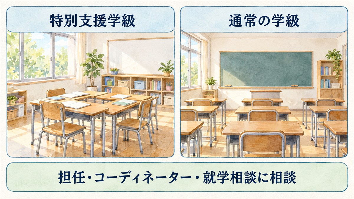 特別支援学級と通常の学級を同じ大きさで並べ、担任・コーディネーター・就学相談への相談を示した図解
