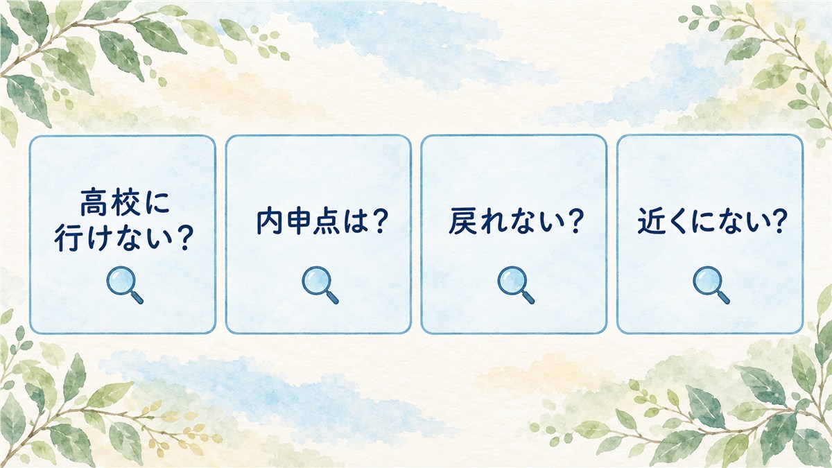 高校進学、内申点、学級の変更、近くの学校についての四つの質問を、虫めがね付きの札で並列に示した図解
