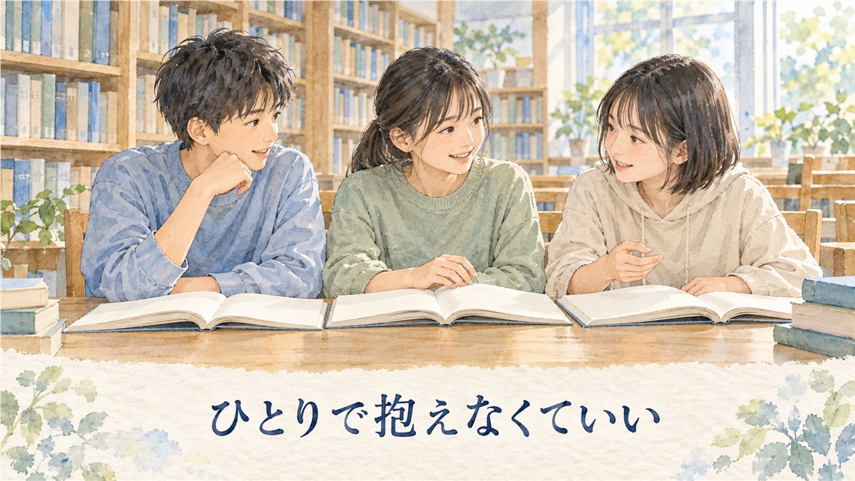 図書室で私服の子どもたちが対等に本を見ながら穏やかに話し、ひとりで抱えなくていいと伝えるイラスト
