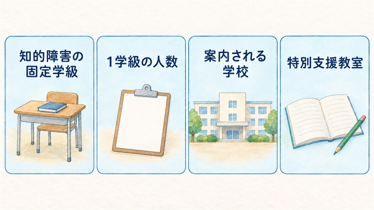 知的障害の固定学級、学級の人数、案内される学校、特別支援教室を、人数の目安を示さない無地の名簿用紙などで確認する図解