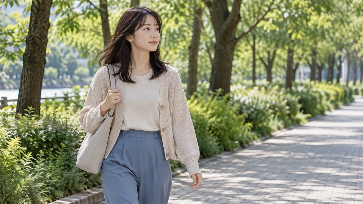 明るい朝の並木道を、私服の日本人の若い大人が落ち着いた表情で一人で歩いている写真