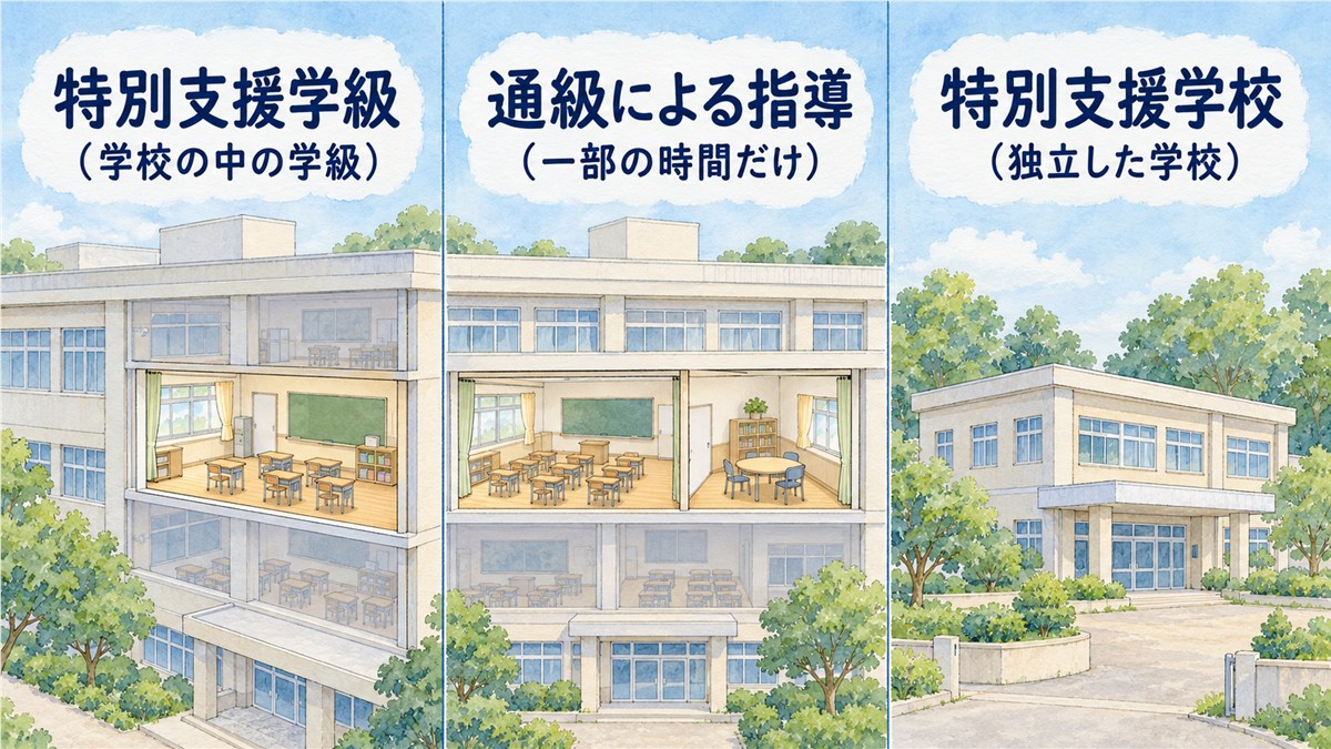 学校の中の特別支援学級、一部の時間だけ受ける通級による指導、独立した特別支援学校を、同じ大きさの区画で整理した図解