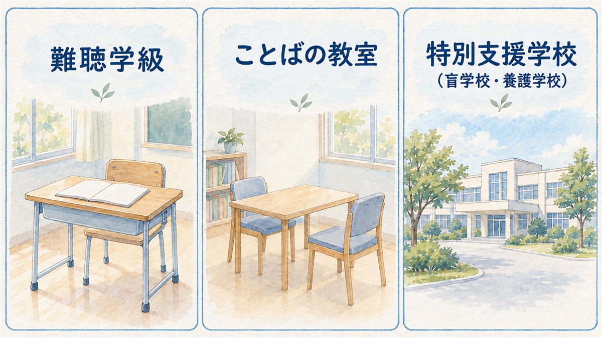 難聴学級、ことばの教室、盲学校・養護学校を含む特別支援学校を、中立的な机や校舎の同じ大きさの札で並べた図解