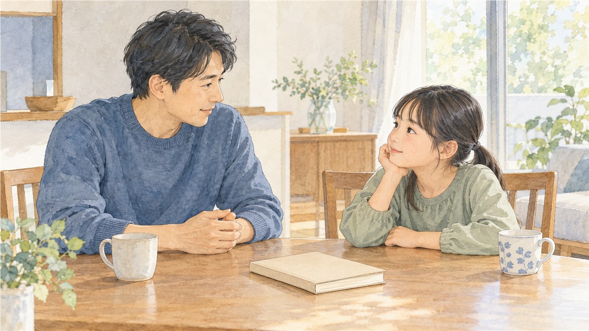 家のテーブルで、無地の本を間に置いて穏やかに話す私服の日本人の保護者と小学生の子どものイラスト