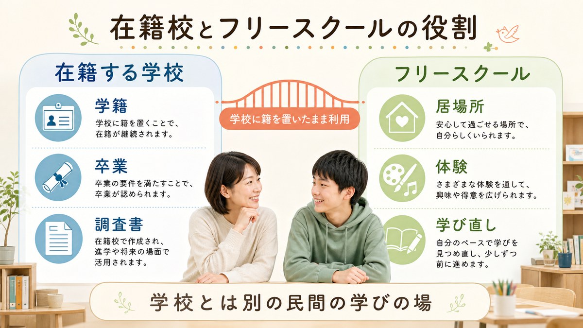 学籍と卒業を担う在籍校と日中の学び・居場所を提供するフリースクールの関係