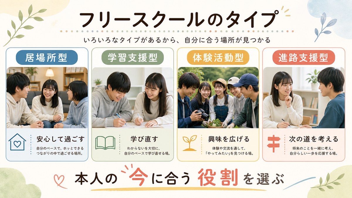 居場所型・学習型・専門活動型・オンライン型の四つを子どもの状態から検討する図