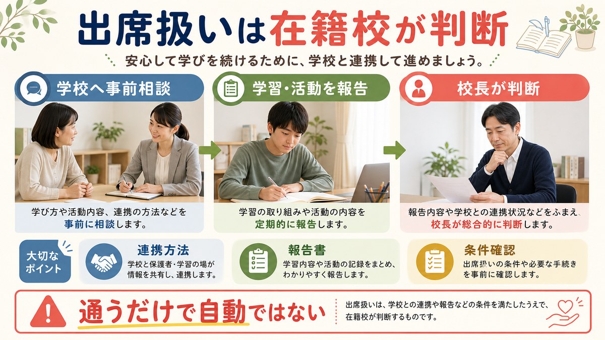 フリースクールの活動記録を共有し在籍校が個別に判断する流れ