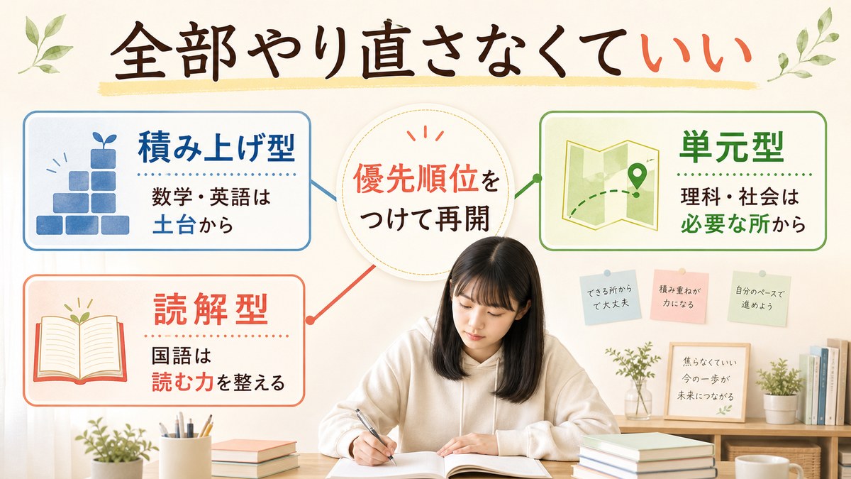 数学・英語はつまずきまで戻り理社は今から国語は読書で積み上げる教科構造