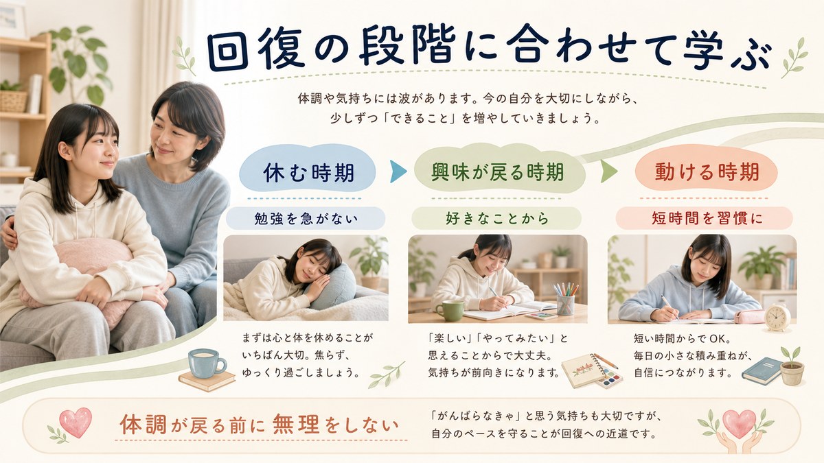 休養・低負荷の学び・本格再開を本人の回復段階に合わせる流れ