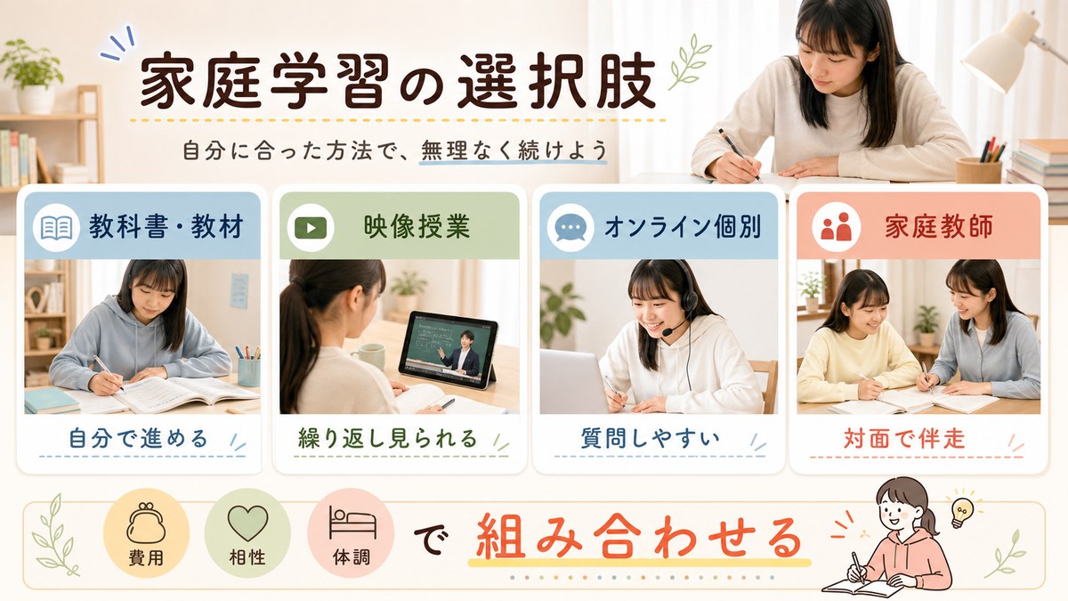 無学年教材・オンライン家庭教師・個別指導塾・教育支援センターの四つの方法