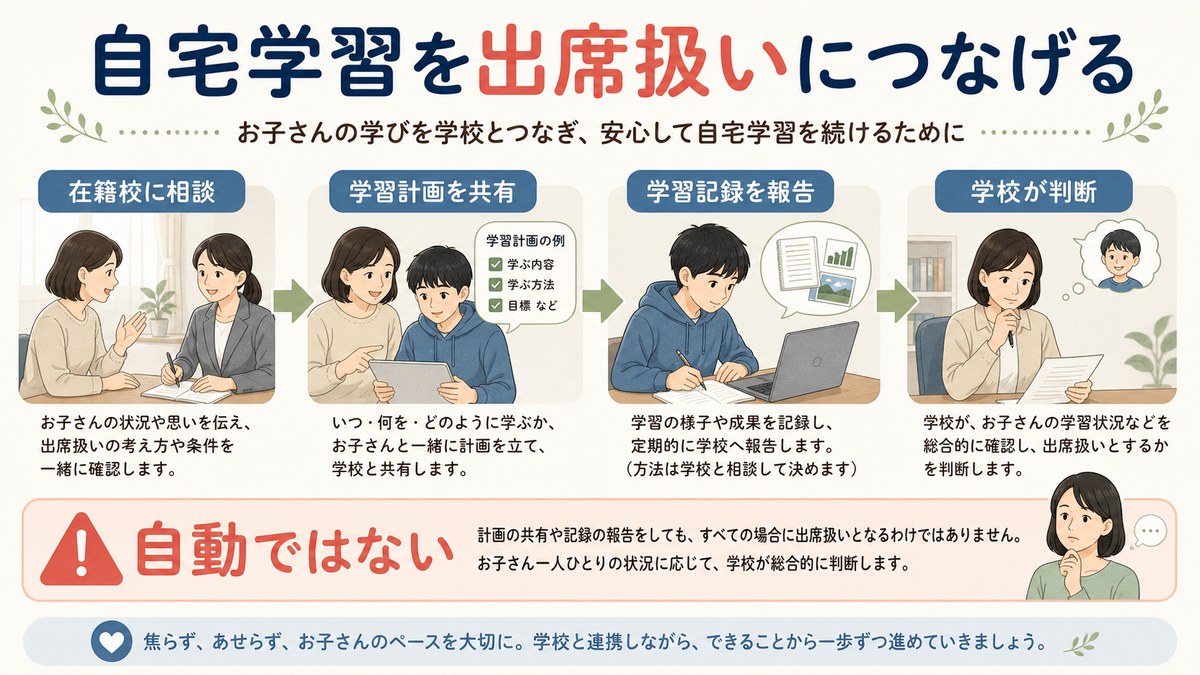 学校への事前相談から学習計画共有と校長判断まで自宅ICT学習の出席扱い手順