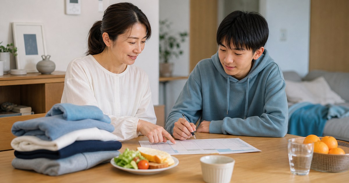 朝の摩擦を減らす準備をする日本人の中学生と母親