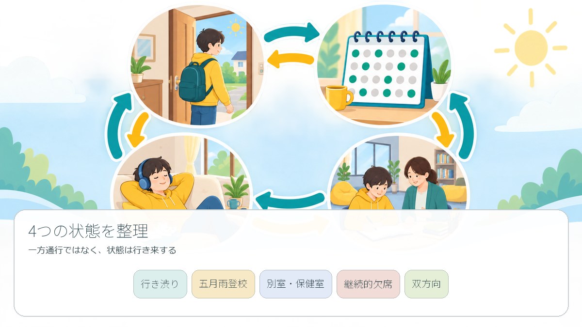 行き渋りから継続的欠席までを双方向の矢印で整理する図