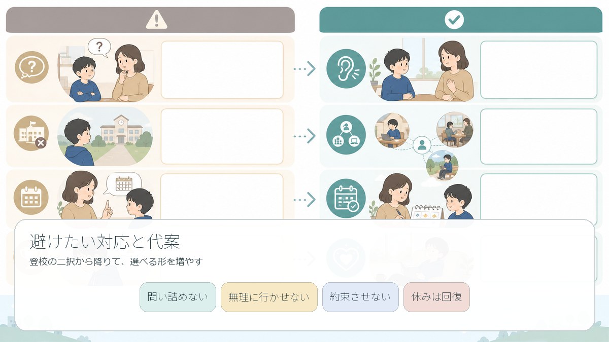 避けたい4つの対応と代わりにできることを比べる図