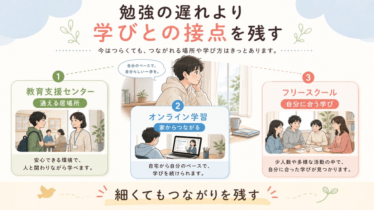 自宅学習・教育支援センター・フリースクールで学びの接点を残す図