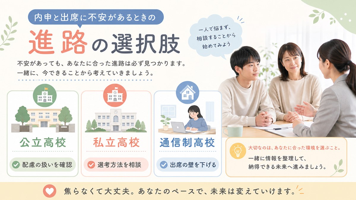 内申や欠席日数によって高校進学の選択肢の構成が変わることを示す図