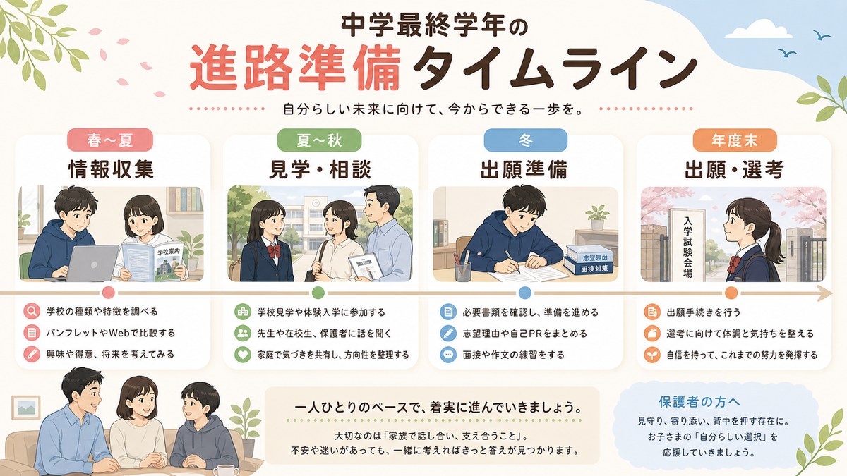 春の情報収集から翌春の進路選択までを5段階で示す中3のタイムライン