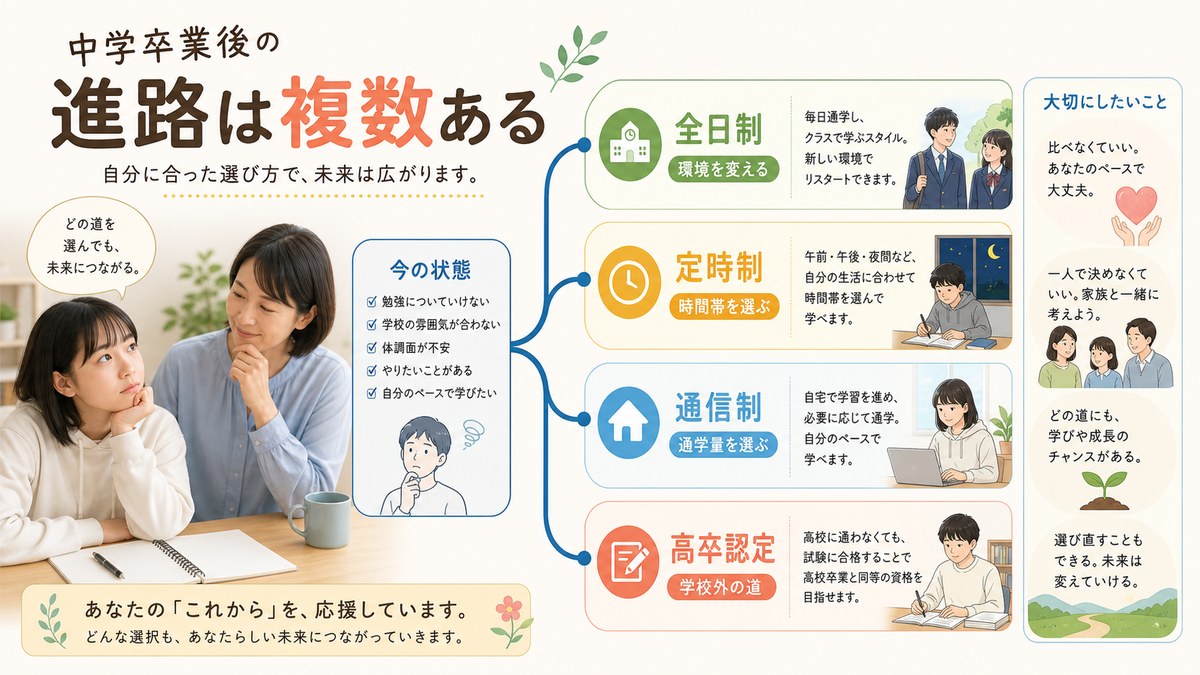 通信制・全日制・定時制・高等専修学校・高卒認定の進路を示す図