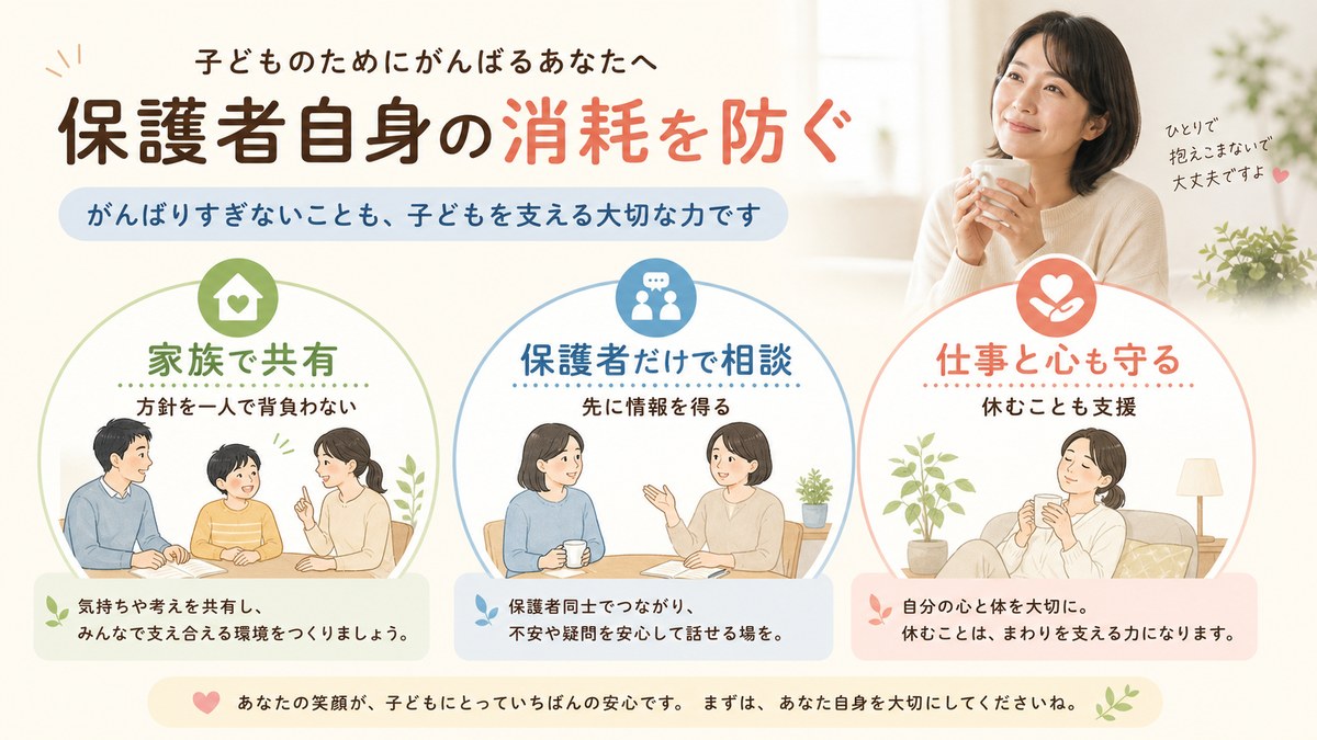 家族の方針共有・保護者相談・生活維持で親の消耗を防ぐ図