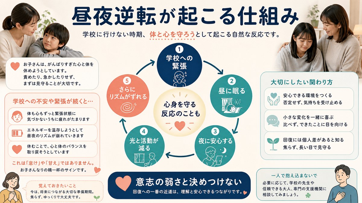 昼の負担と夜の安心を示す生活時計