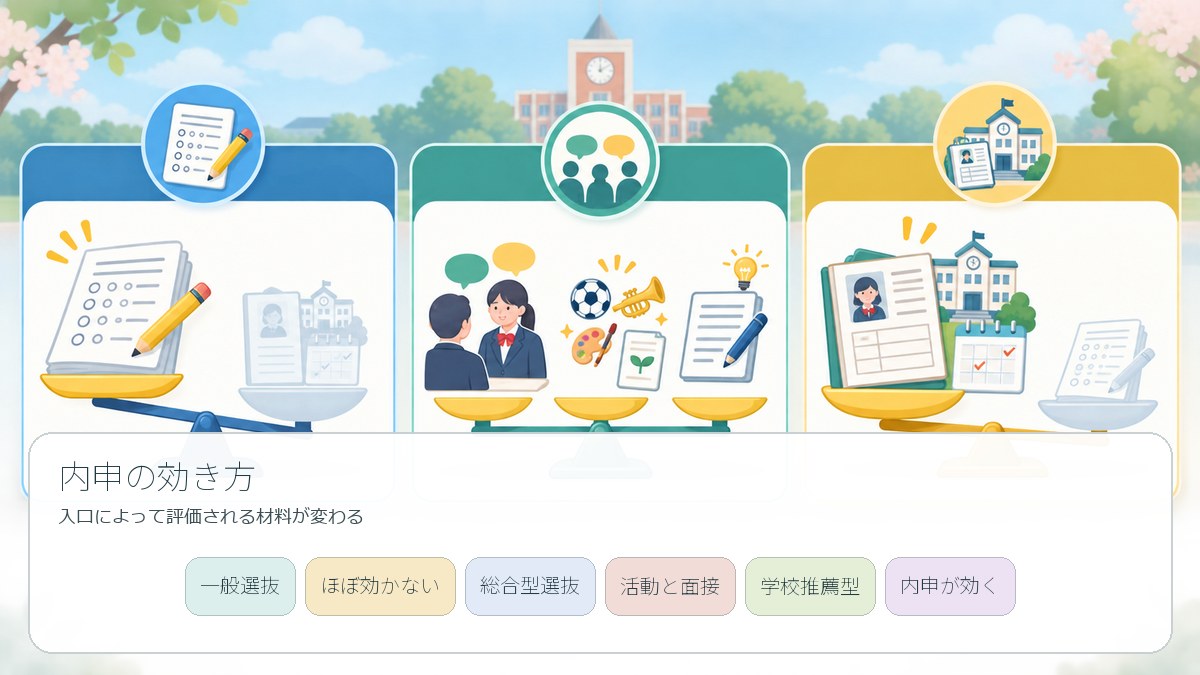 大学入試方式ごとの内申と欠席の影響を比べる図