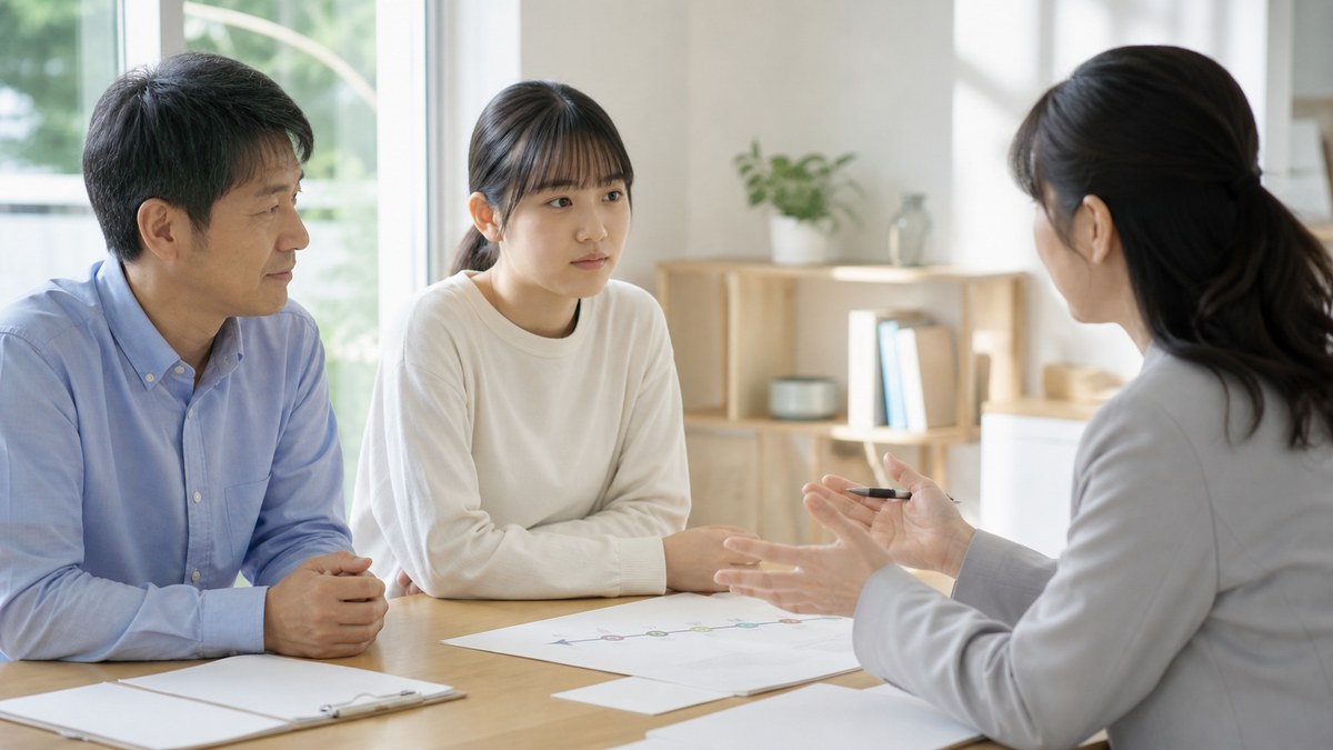 高認や大学入試について相談する日本人の親子