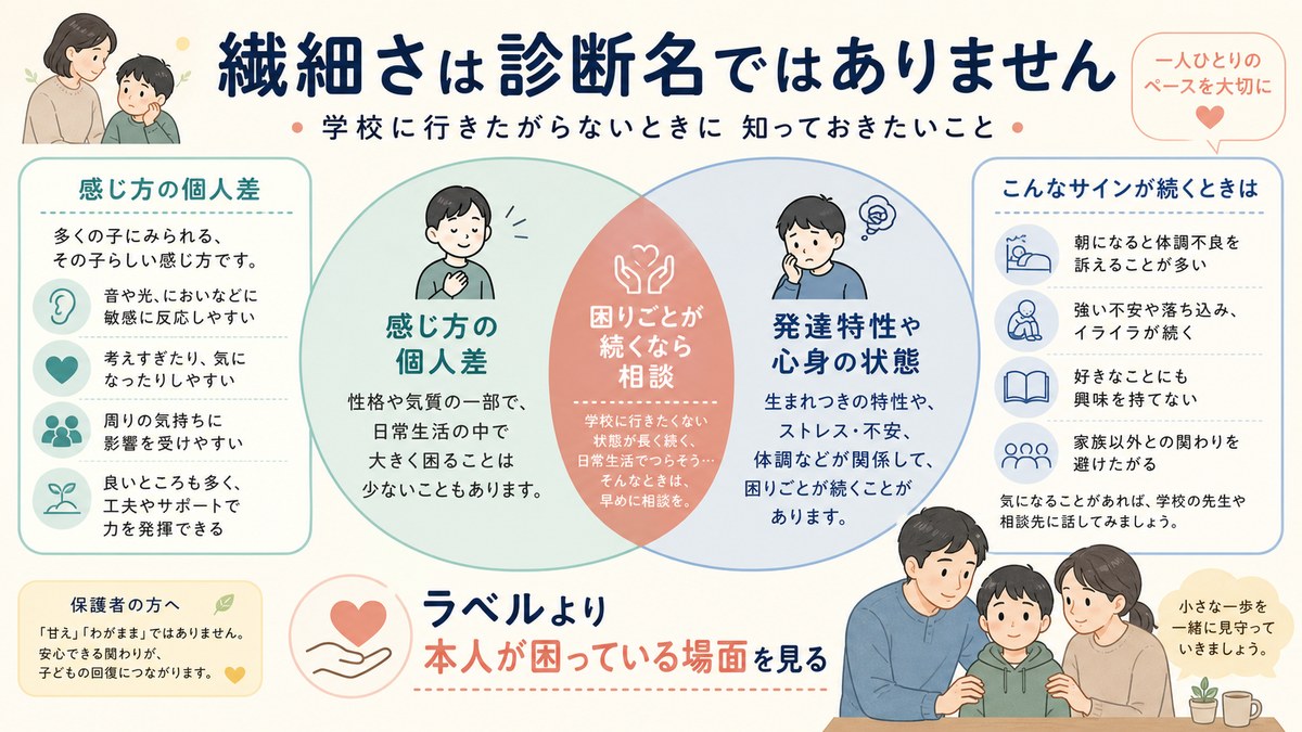 敏感さを診断名ではなく具体的な刺激と環境調整に分ける図