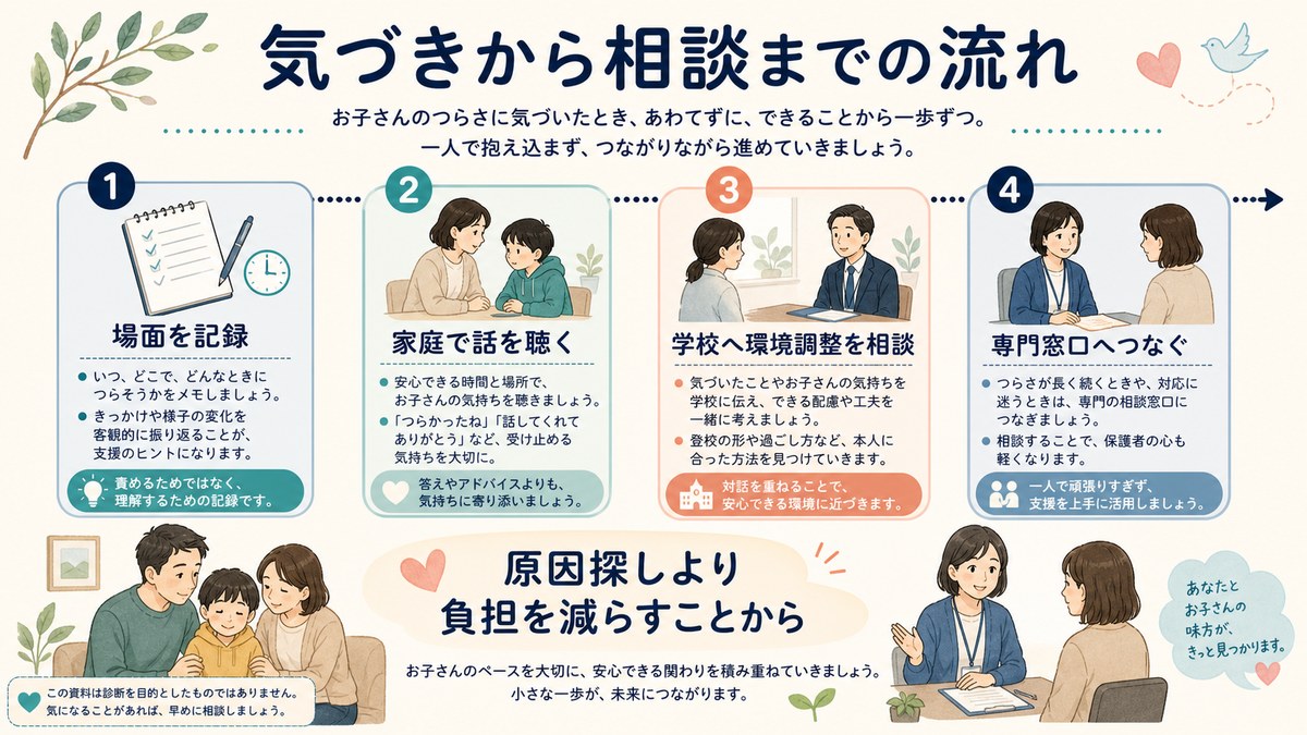 困りごとの記録・学校相談・検査検討・先行する配慮の四段階