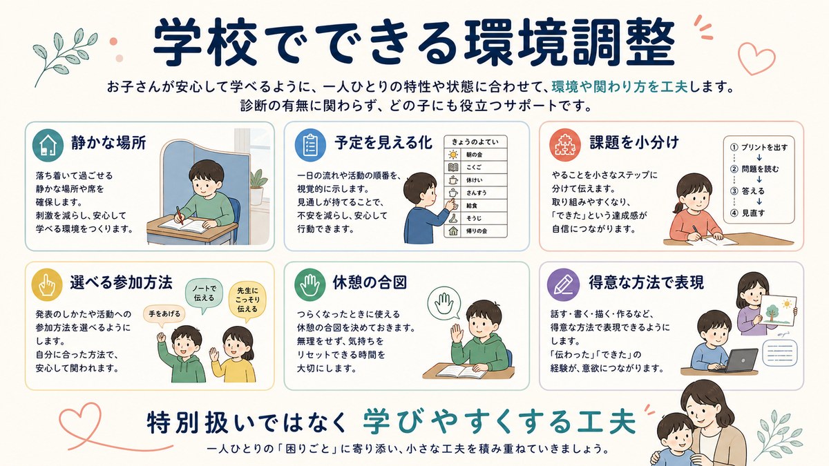 学校内・校外の居場所・自宅学習・家庭で環境を調整する選択肢