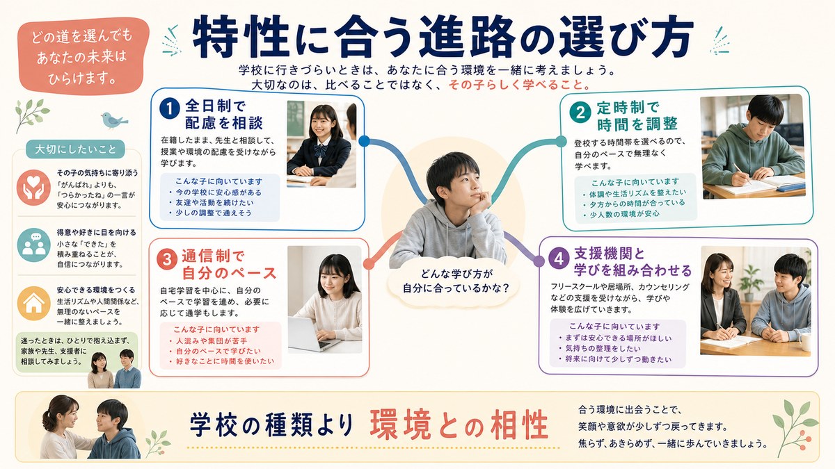 感覚負荷・学習ペース・対人量に合う進路を比べる親子