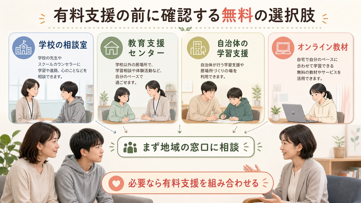教育支援センター・校内別室・地域支援を確認して不足分を補う流れ