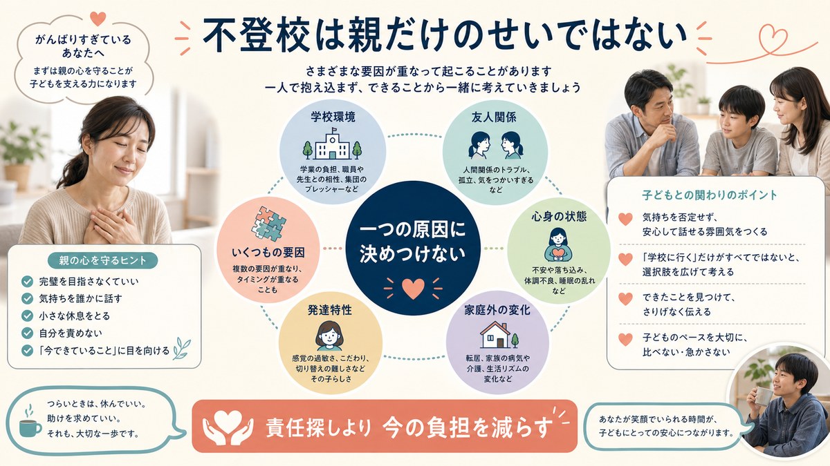 不登校の複合要因を複数の家庭と環境から捉える図