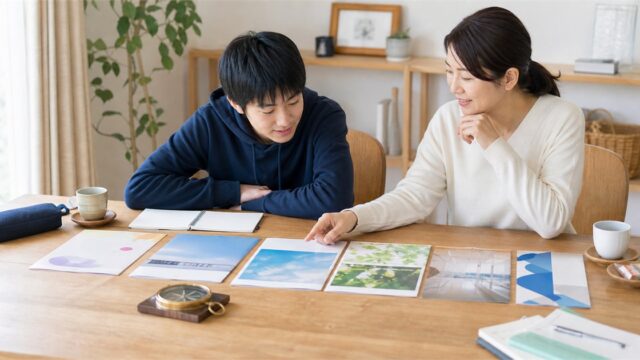 中学卒業後の複数の進路資料を自宅で比較する中学生と保護者