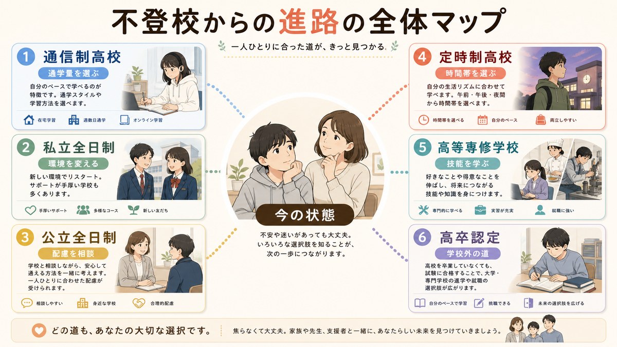 通信制・私立全日制・公立全日制・定時制・高等専修学校・高卒認定の6ルートを示す図