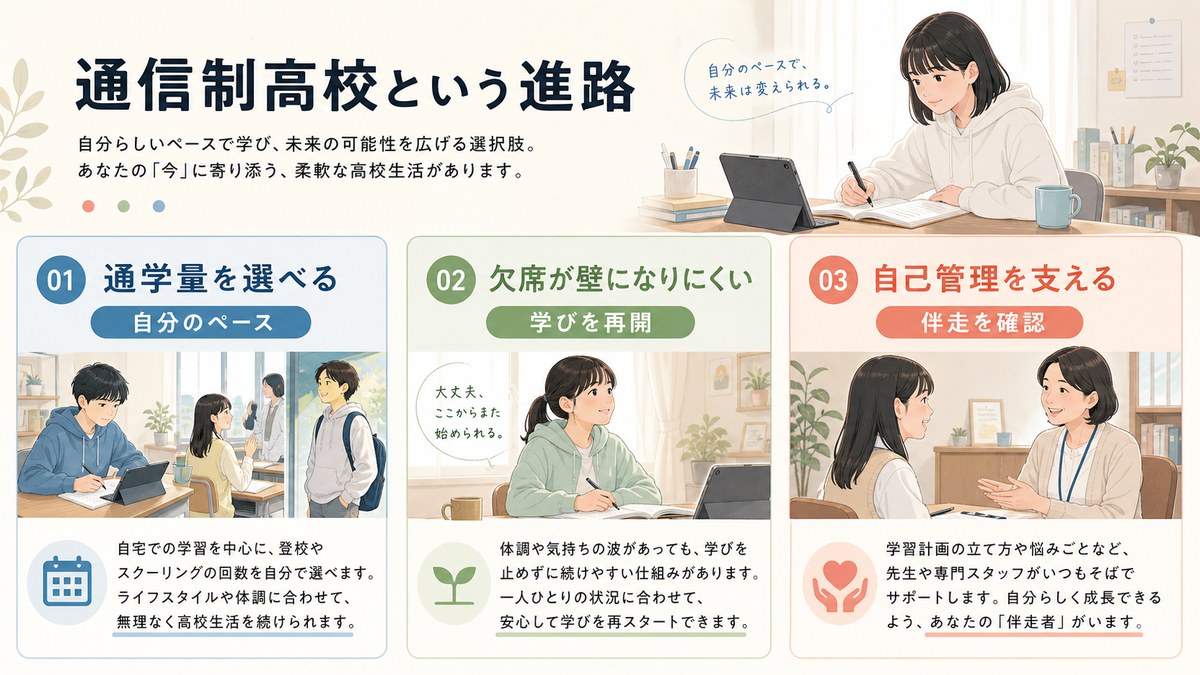 自宅学習・スクーリング・教員の支援を組み合わせる通信制高校の図