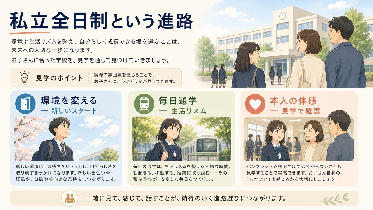 私立全日制高校の見学で新しい環境と毎日の通学を確認する親子