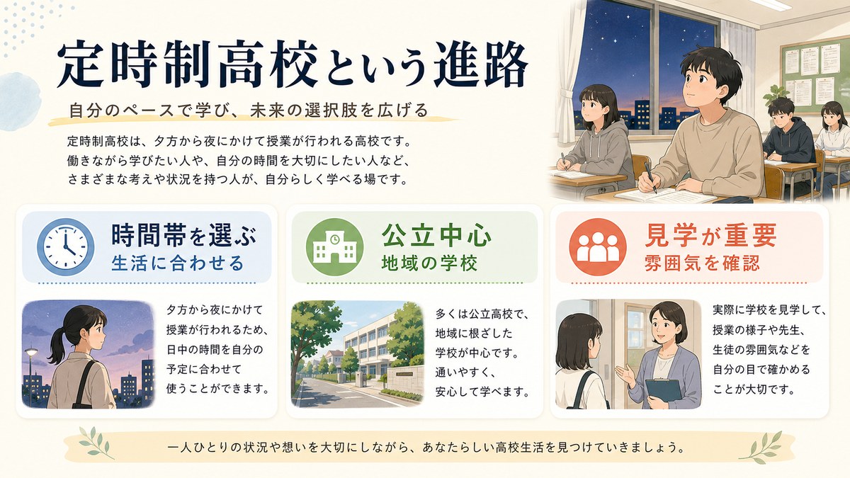 昼間の生活と夕方の少人数授業を組み合わせる定時制高校の図