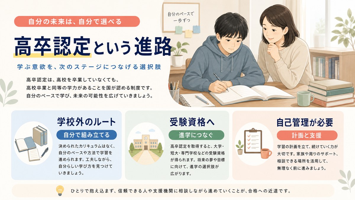 独学と高卒認定試験を経て大学や専門教育の受験へ進むルート図