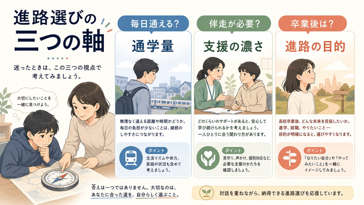 通学頻度・サポートの必要度・卒業後の希望で進路を考える3軸の図