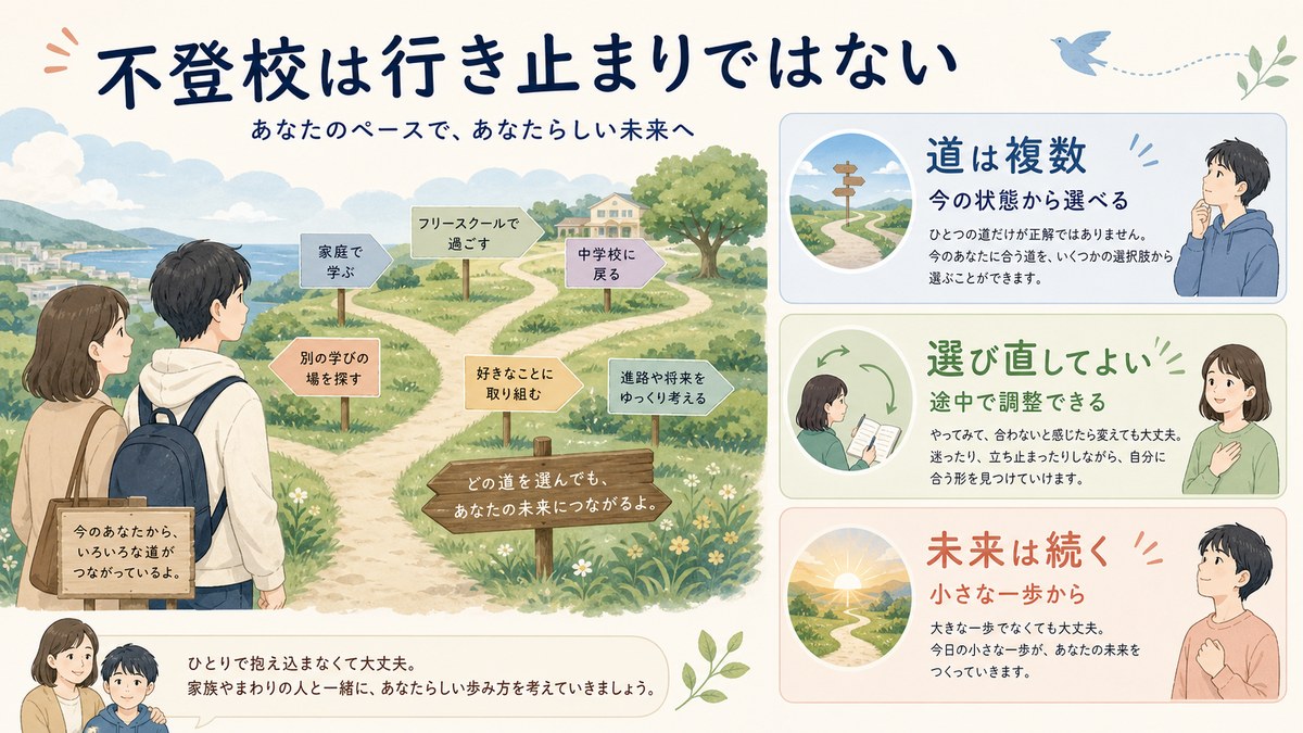 不登校後も進学・職業教育・就労など複数の将来へ続く道を示す図