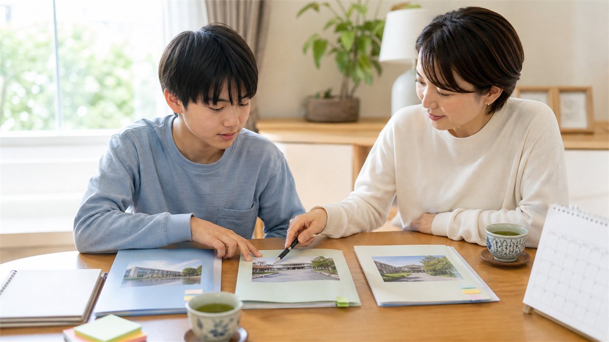 3校の資料を並べて見学候補を一緒に検討する中学生と保護者