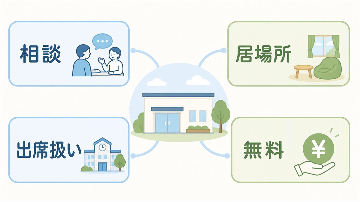 教育支援センターの相談・居場所・出席扱い・無料の機能を示す図