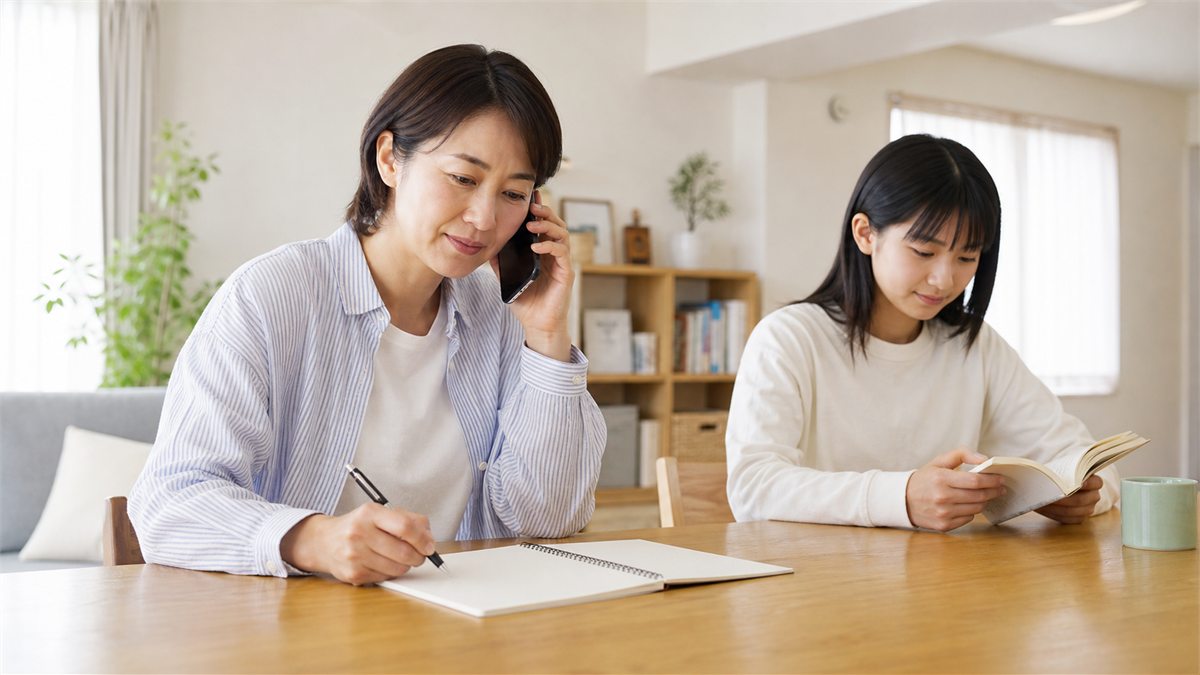 自宅から相談電話をかけてメモを取る日本人の母親